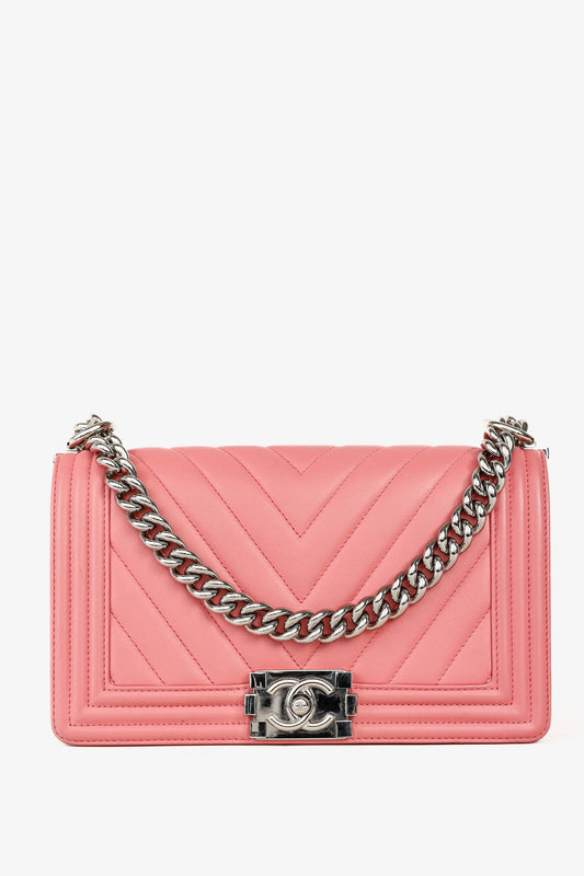 Chanel Boy Medium Pink Calfskin Chevron Flap Shoulder Bag