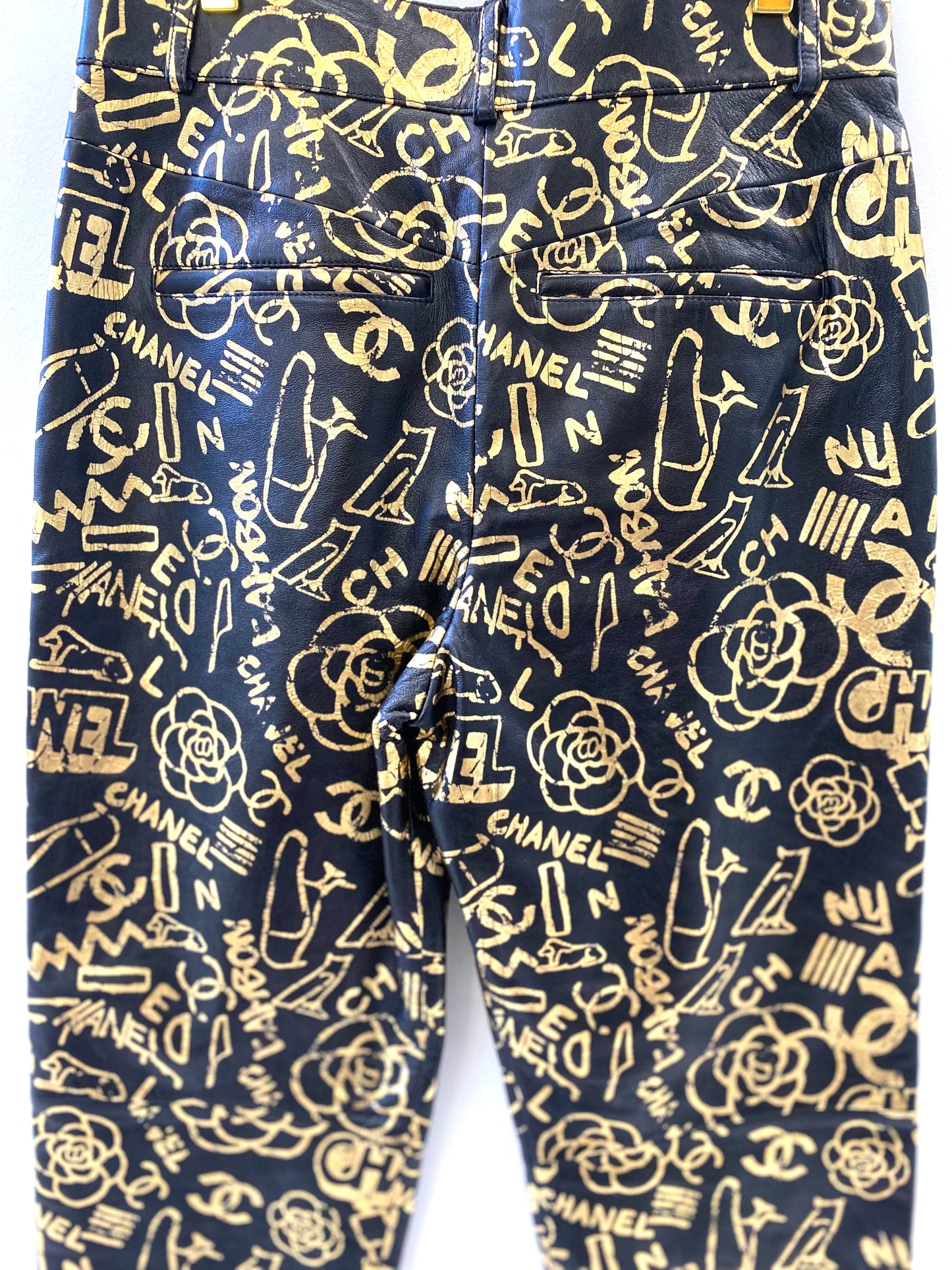 CHANEL CC ALLOVER LOGO LEATHER TROUSERS
