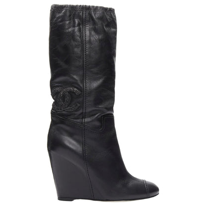 CHANEL CC CRYSTAL EMBELLISHED LAMBSKIN LEATHER WEDGE HEEL BOOTS