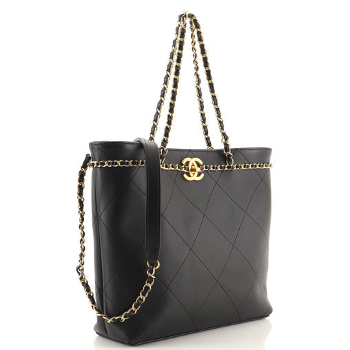 Chanel CC Lock Chain Handle Small Shopping Tote Quilted Calfskin