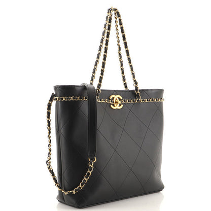Chanel CC Lock Chain Handle Small Shopping Tote Quilted Calfskin
