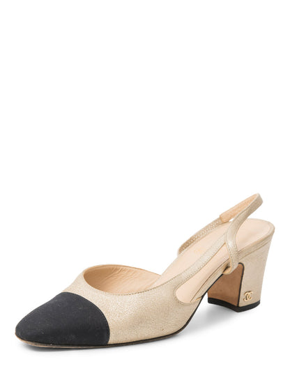 Chanel CC Logo Cap Toe Slingback Heels Gold Black