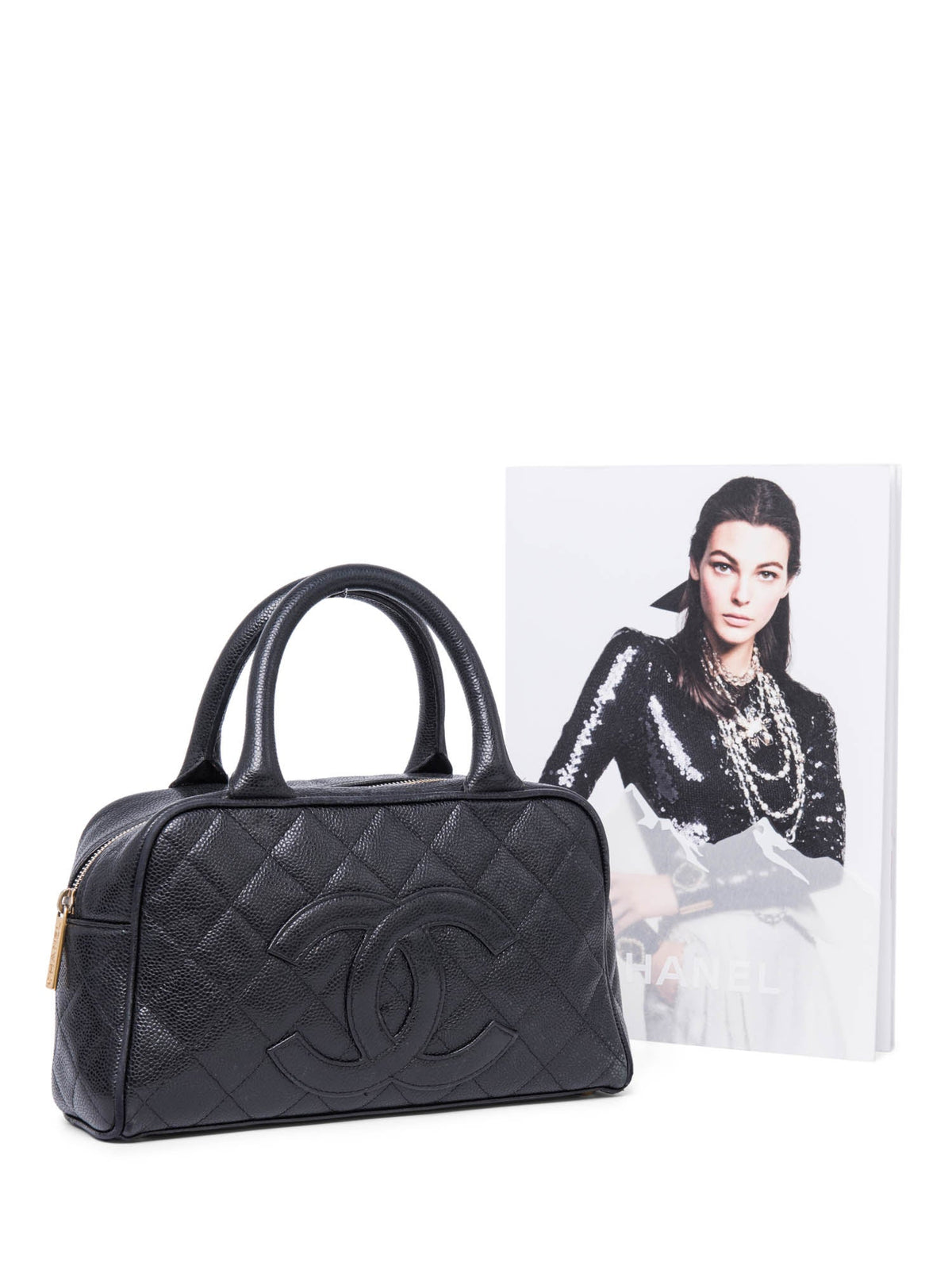 Chanel CC Logo Caviar Leather Mini Boston Bag Black