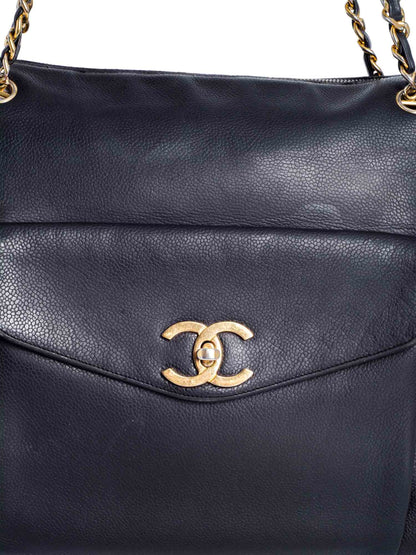 Chanel CC Logo Caviar Leather Shopper Bag Black