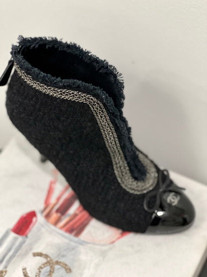 CHANEL CC TWEED CHAIN EMBELLISHED ANKLE BOOTIES
