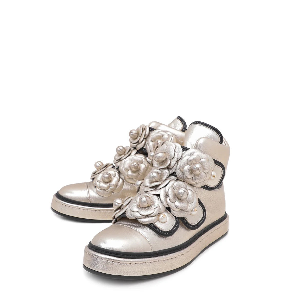 CHANEL CC CAMELLIA METALLIC CHAMPAGNE LAMBSKIN SNEAKERS