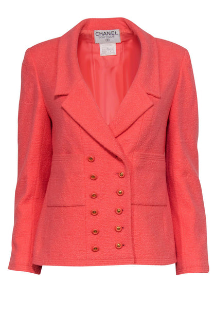 Chanel - Coral Tweed Button-Front Blazer w/ Gold Buttons Sz