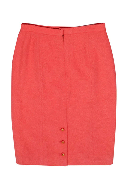 Chanel - Coral Tweed Pencil Skirt w/ Golden Button Accents Sz