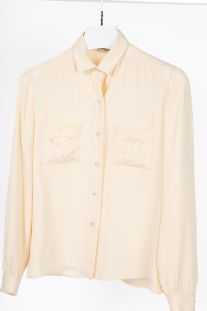 Chanel 70's-Vintage Cream Silk CC-Pocket Buttoned Blouse