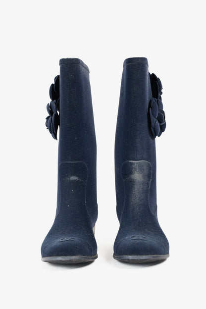 Chanel 11A Navy Velvet Camellia Rubber Rain Boots