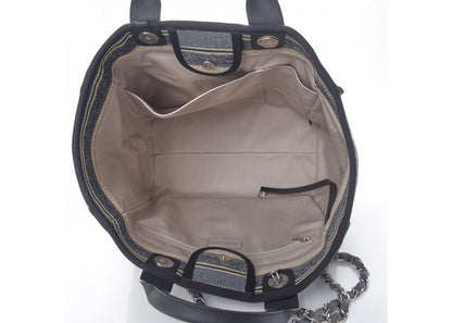 Chanel Deauville Fabric Tote Black With Grey, Black And White Stripes