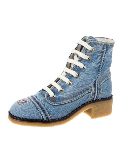 CHANEL DENIM LACE UP COMBAT BOOTIES