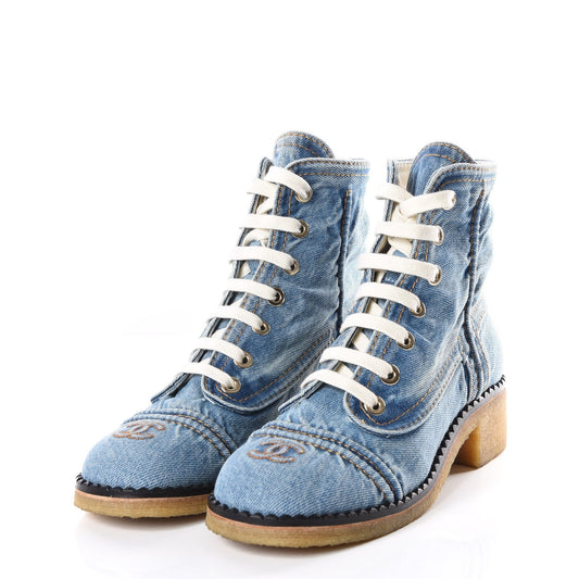 CHANEL DENIM LACE UP COMBAT BOOTIES