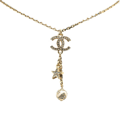 Chanel Gold Plated CC Rhinestones Star and Ball Pendant Necklace (SHG-RS0IWK)