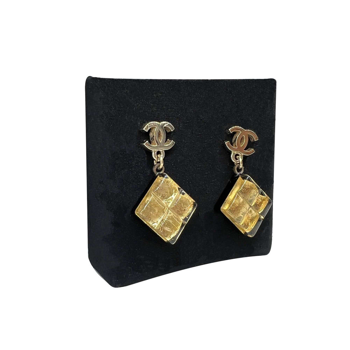 Chanel CC logo gold rhomb drop earrings