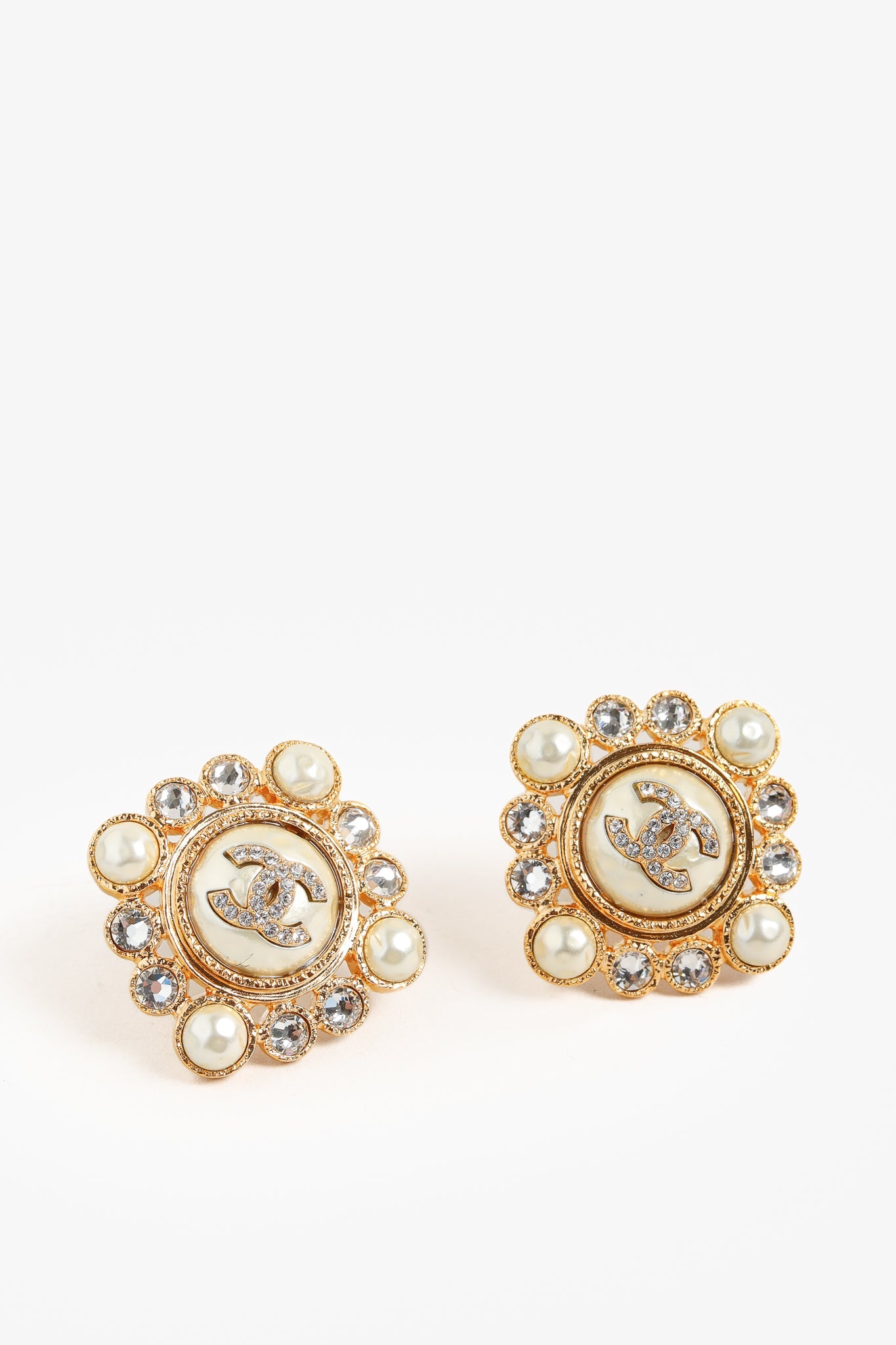 Chanel Gold-Tone Crystal and Pearl Rhinestones Squared Halo Stud Earrings