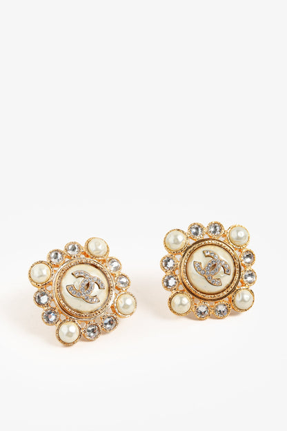 Chanel Gold-Tone Crystal and Pearl Rhinestones Squared Halo Stud Earrings