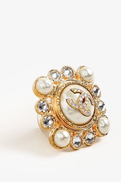 Chanel Gold-Tone Crystal and Pearl Rhinestones Squared Halo Stud Earrings