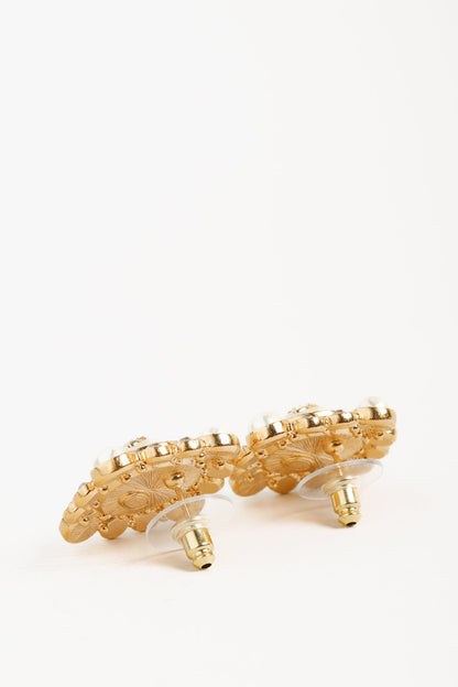 Chanel Gold-Tone Crystal and Pearl Rhinestones Squared Halo Stud Earrings