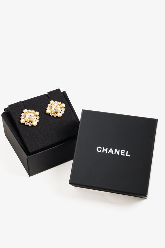 Chanel Gold-Tone Crystal and Pearl Rhinestones Squared Halo Stud Earrings