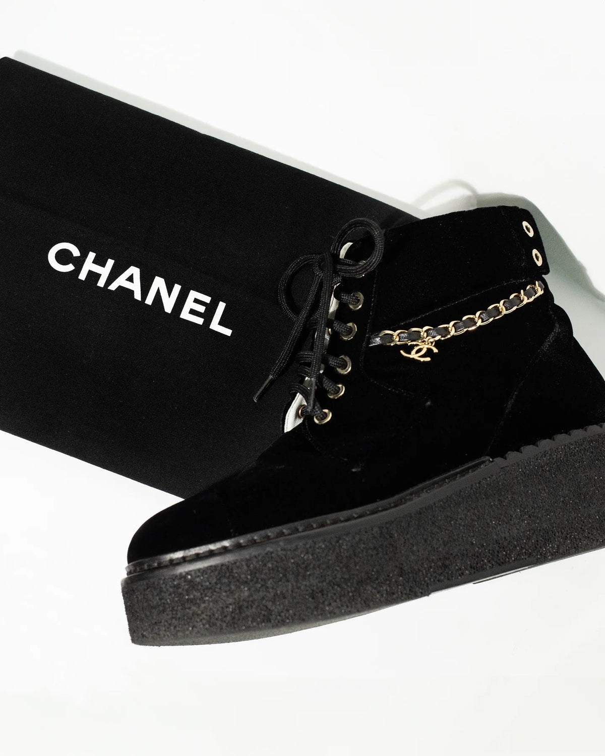 CHANEL CC VELVET LACE-UP CHAIN COMBAT BOOTS