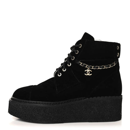 CHANEL CC VELVET LACE-UP CHAIN COMBAT BOOTS
