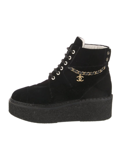 CHANEL CC VELVET LACE-UP CHAIN COMBAT BOOTS