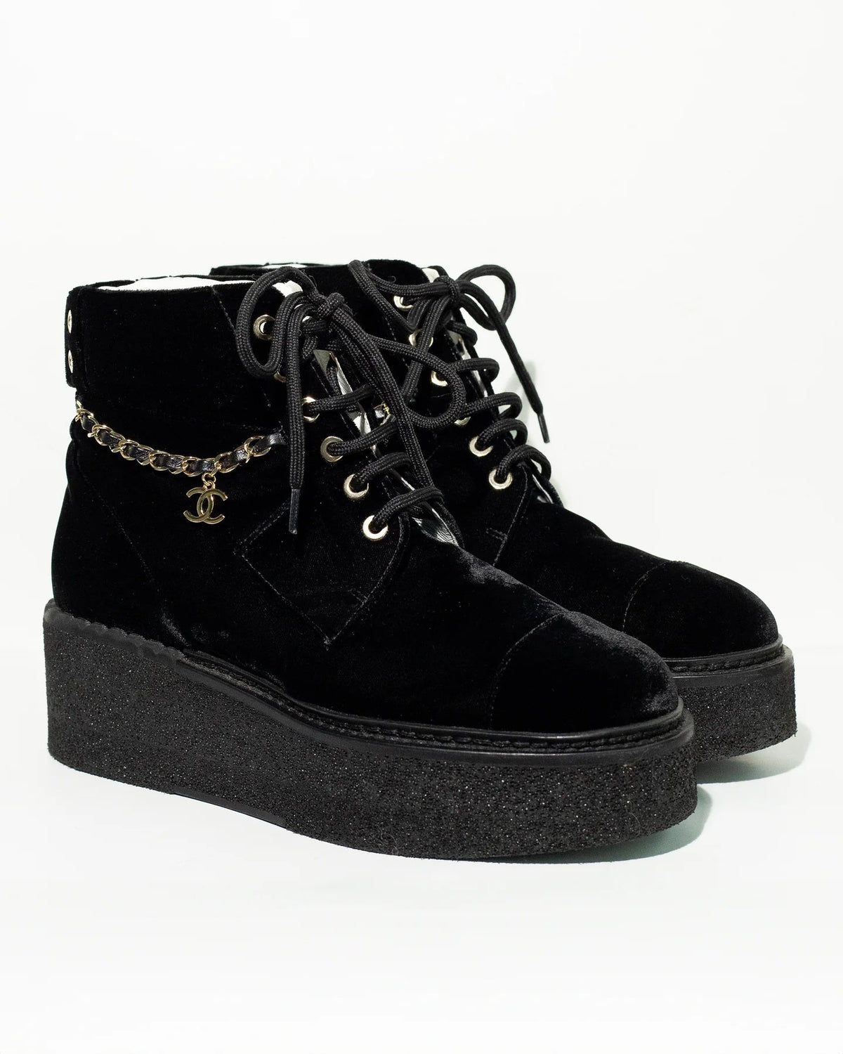 CHANEL CC VELVET LACE-UP CHAIN COMBAT BOOTS