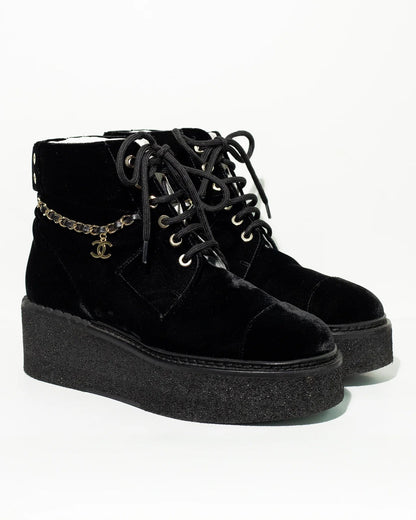 CHANEL CC VELVET LACE-UP CHAIN COMBAT BOOTS