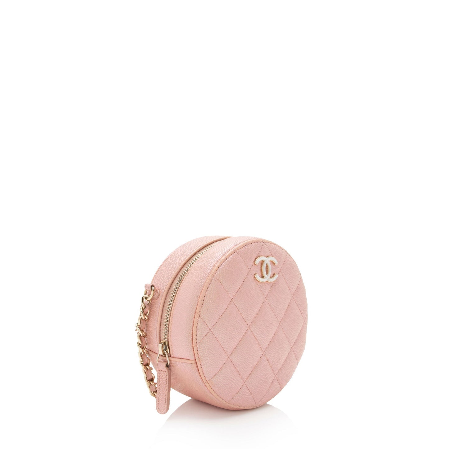 Chanel Iridescent Caviar Leather Mother of Pearl CC Round Clutch with Chain