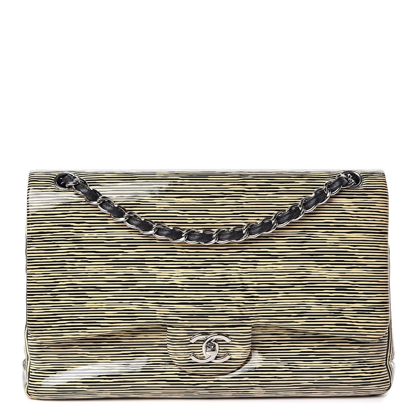 CHANEL Patent Calfskin Striped Jumbo Double Flap