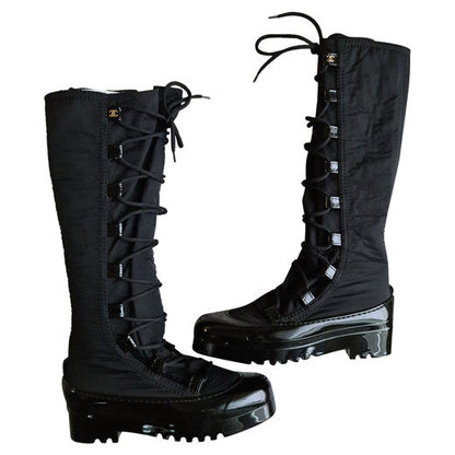 CHANEL CC LACE-UP KNEE HIGH SNOW BOOTS