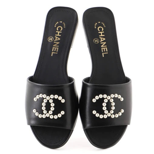 CHANEL CC FAUX PEARL LAMBSKIN SLIDE SANDALS