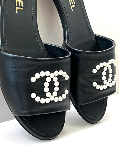CHANEL CC FAUX PEARL LAMBSKIN SLIDE SANDALS
