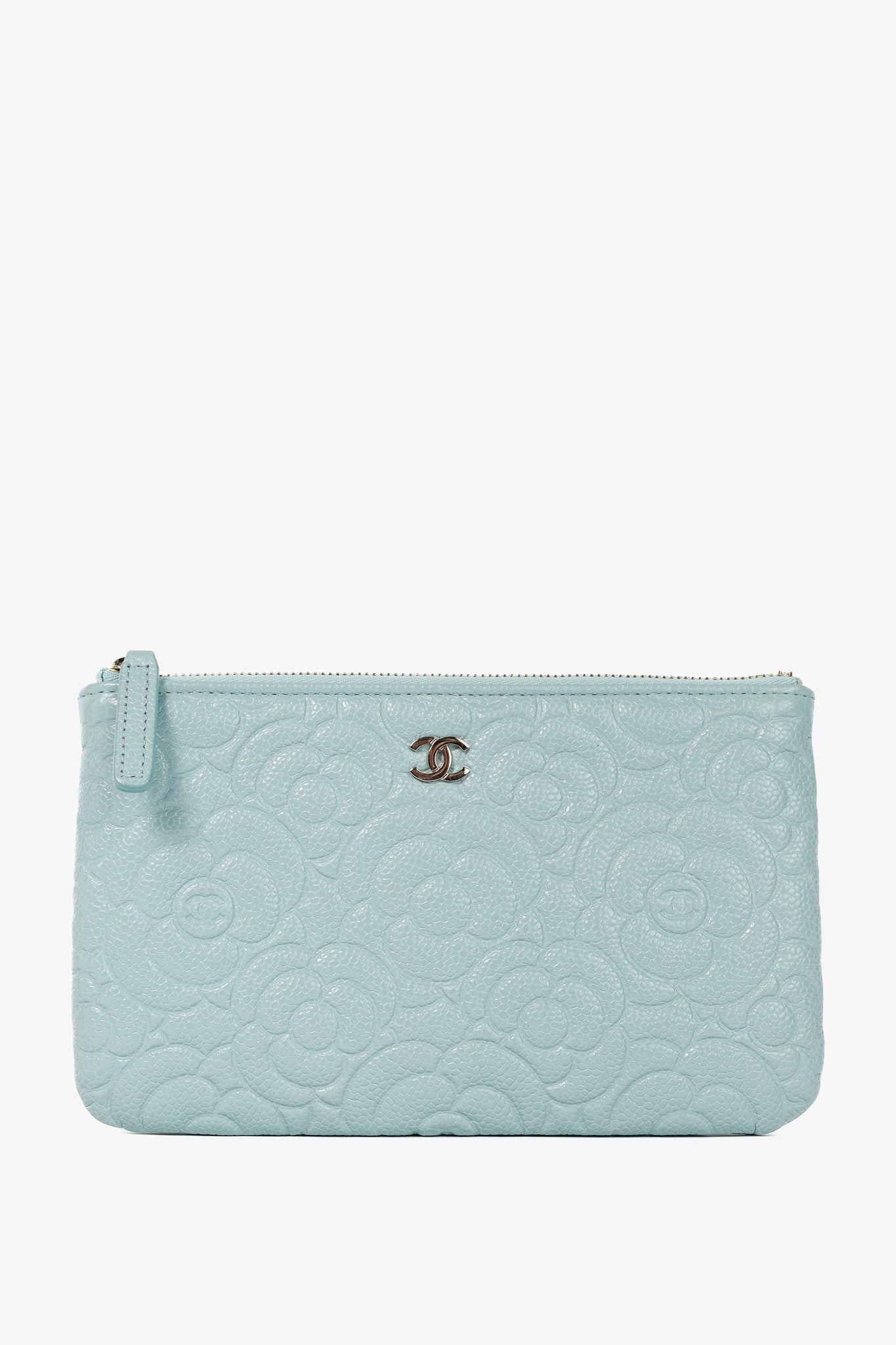 Chanel Light Blue Caviar Camellia-Embossed Small O-Case