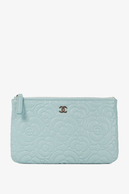 Chanel Light Blue Caviar Camellia-Embossed Small O-Case