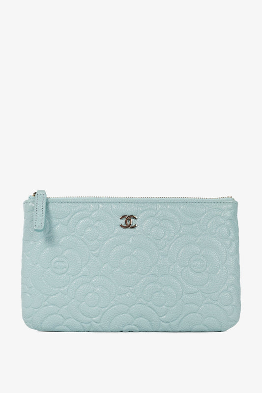 Chanel Light Blue Caviar Camellia-Embossed Small O-Case