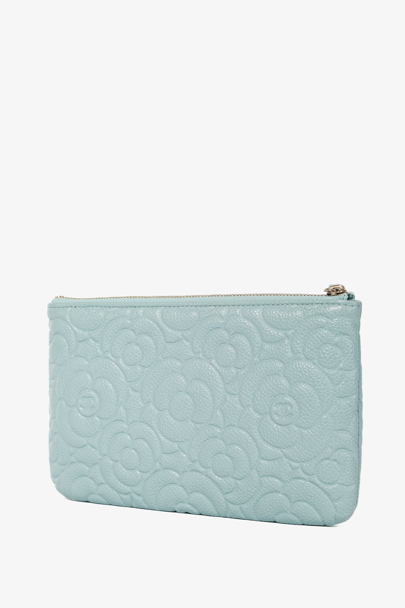 Chanel Light Blue Caviar Camellia-Embossed Small O-Case