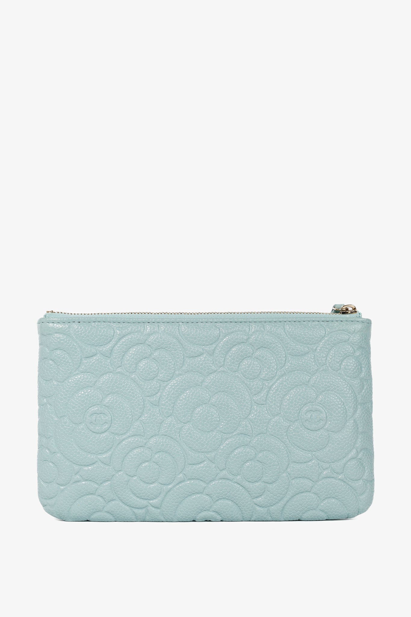 Chanel Light Blue Caviar Camellia-Embossed Small O-Case
