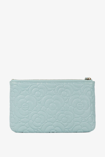 Chanel Light Blue Caviar Camellia-Embossed Small O-Case