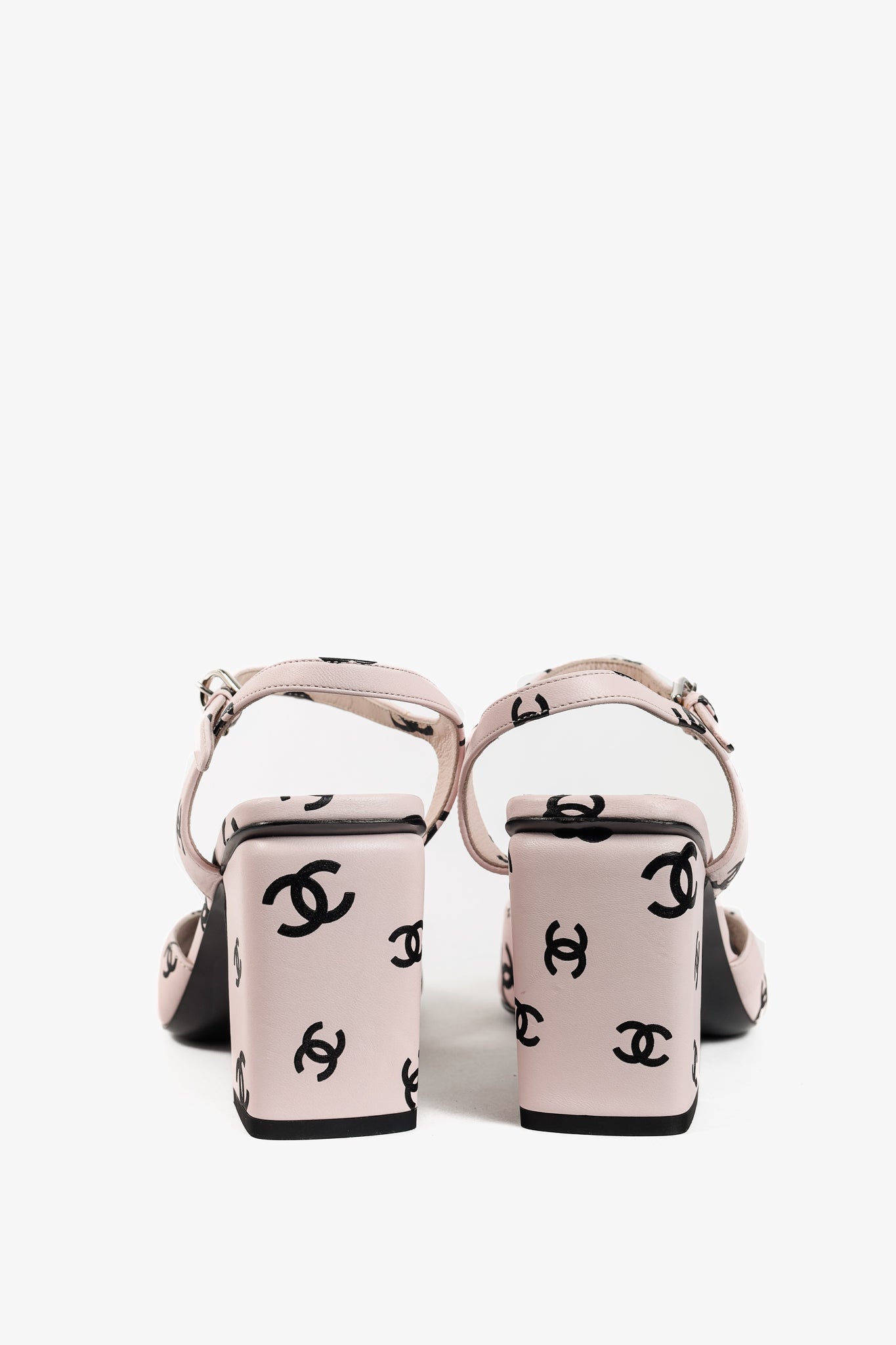 Chanel 22S Light Pink CC-Print Leather Sandals