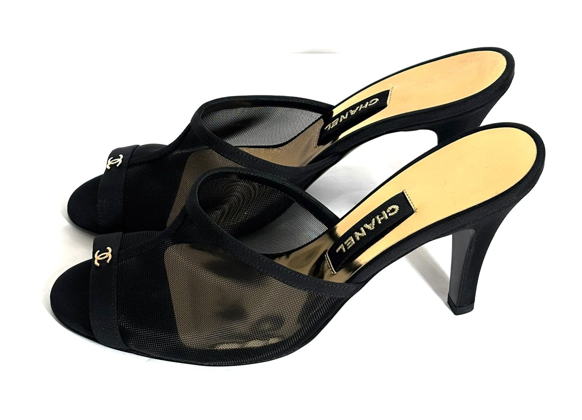CHANEL MESH GROSGRAIN CC HEELED MULES