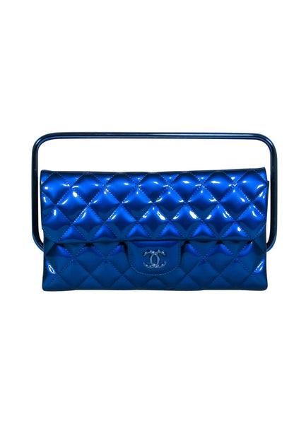 Chanel - Metallic Blue Quilted Patent Leather Bar Handle Bag