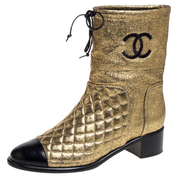 CHANEL CC QUILTED METALLIC GOLD LEATHER ANKLE BOOTS
