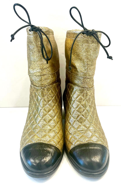 CHANEL CC QUILTED METALLIC GOLD LEATHER ANKLE BOOTS