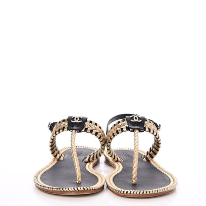 CHANEL Metallic Calfskin Braided Thong Sandals