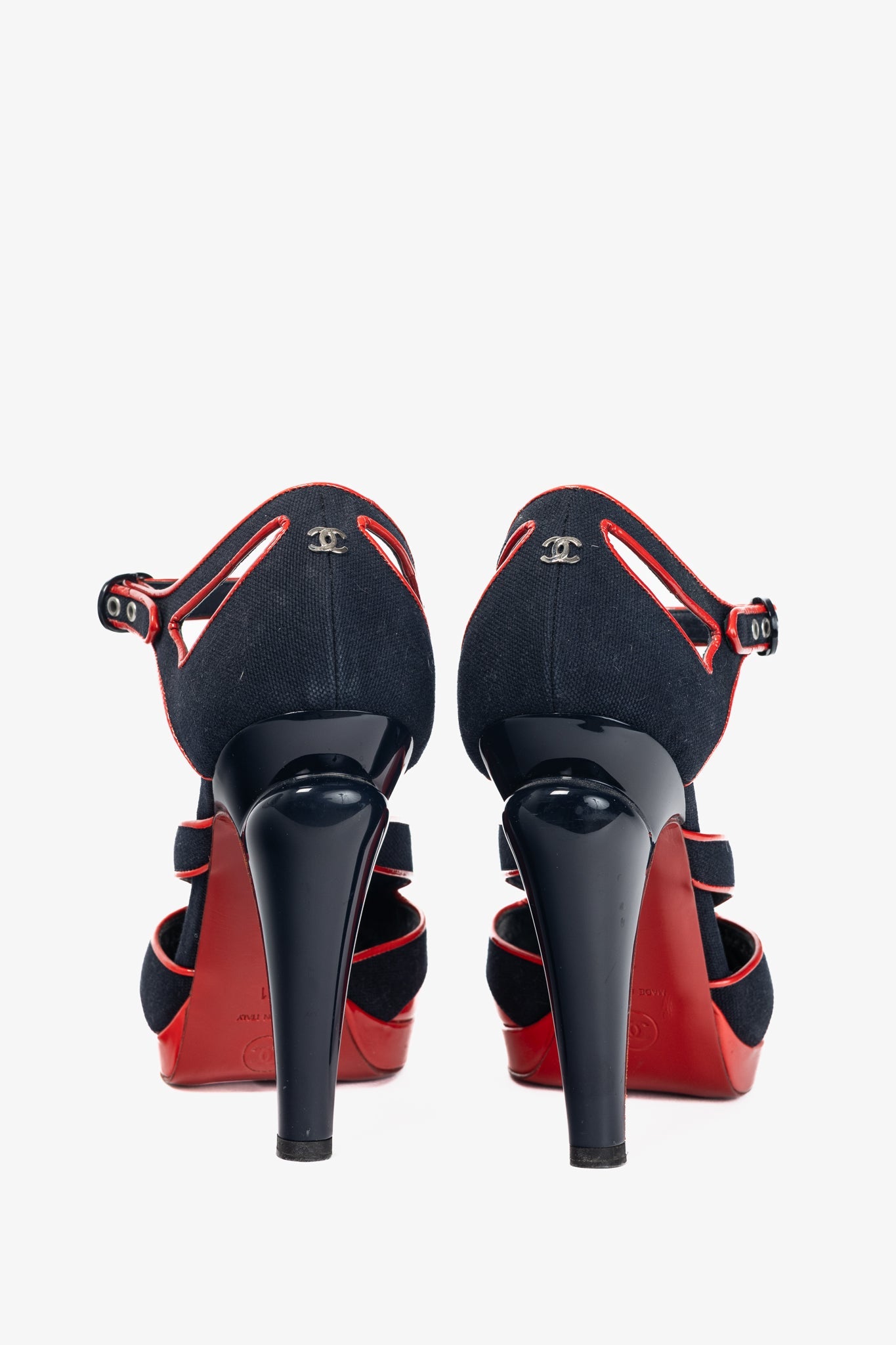 Chanel SS/08 Runway Navy Canvas & Red Patent Leather Sandals