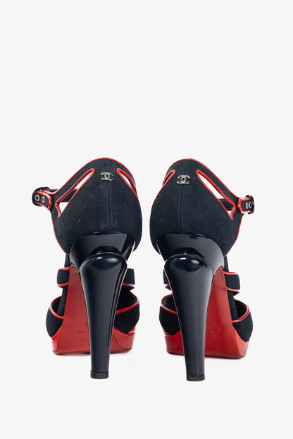 Chanel SS/08 Runway Navy Canvas & Red Patent Leather Sandals