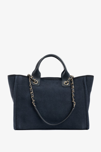 Chanel Small Deauville Black Canvas Logo Shopping Bag