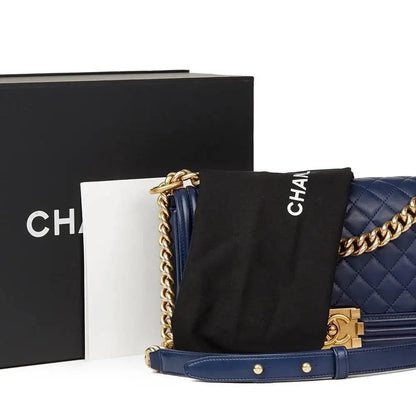 CHANEL LAMBSKIN QUILTED MEDIUM BOY FLAP BAG NAVY